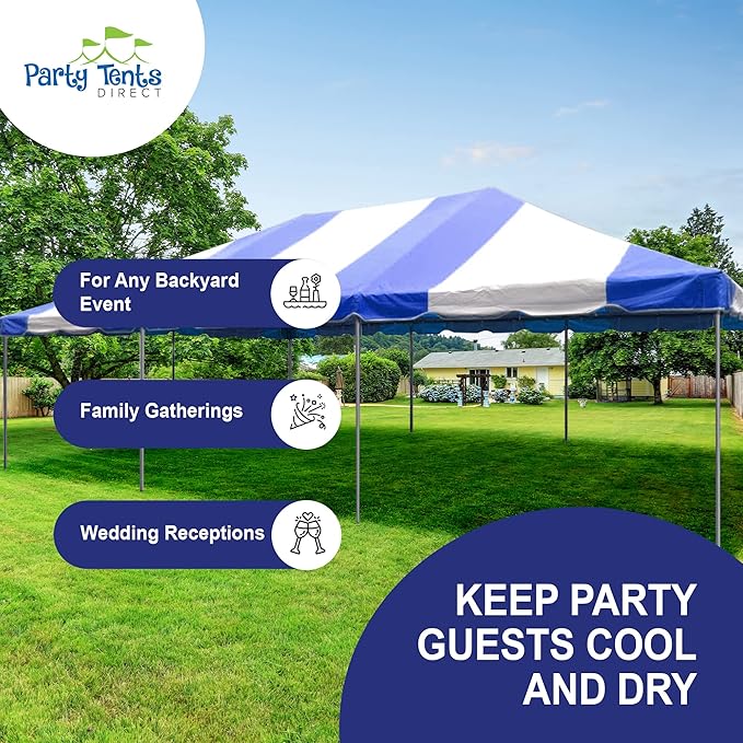 Party Tents Direct 20x30 Canopy Tent - Steel Frame - Outdoor Gazebo Pavilion Sun Shade Camping Shelter - Blue Vinyl Heavy Duty Waterproof Tent Cover - Event Tents for Parties Wedding