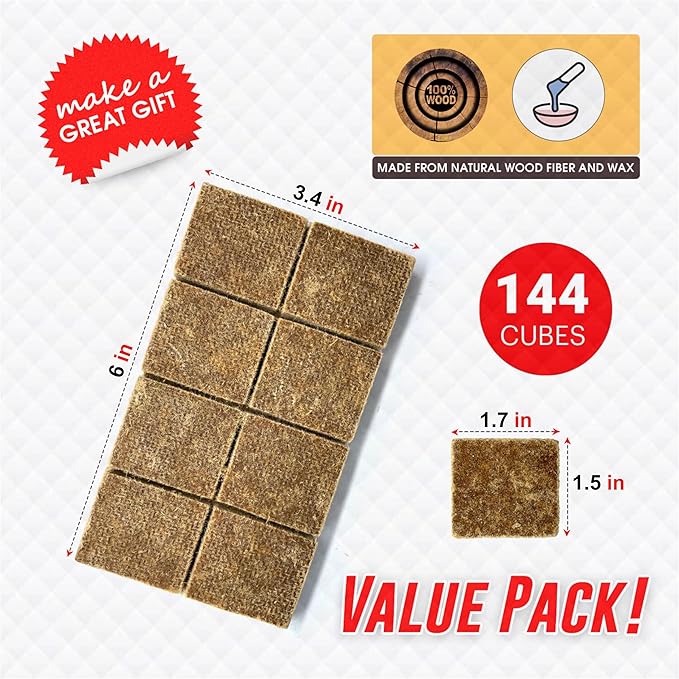 Dextreme Fire Starter Pack of 144/48 Natural Fire Starters Cubes for Campfires, Charcoal, BBQ, Grill Pit, Fireplace, Wood Stoves, Smokers and Camping - Easy to Ignite and Non Toxicโฆ (144 Squares)