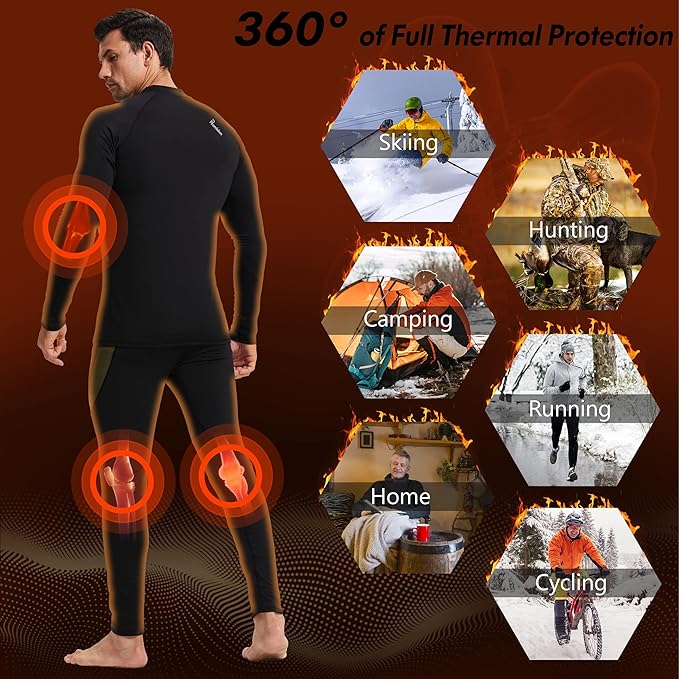 romision 2 Pack Thermal Underwear for Men Long Johns Fleece Lined Hunting Gear Bottom Top Set Base Layer Cold Weather XS-4XL