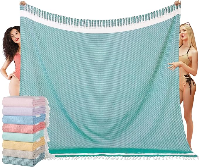Oversized Turkish Beach Towel Blanket XXL Cotton Sandproof Towels Boho Woven Extra Large Big Sand Free Giant Throw Blankets Huge Quilt XL Picnic Camping Necessities Cloud For Adult Gifts Teal