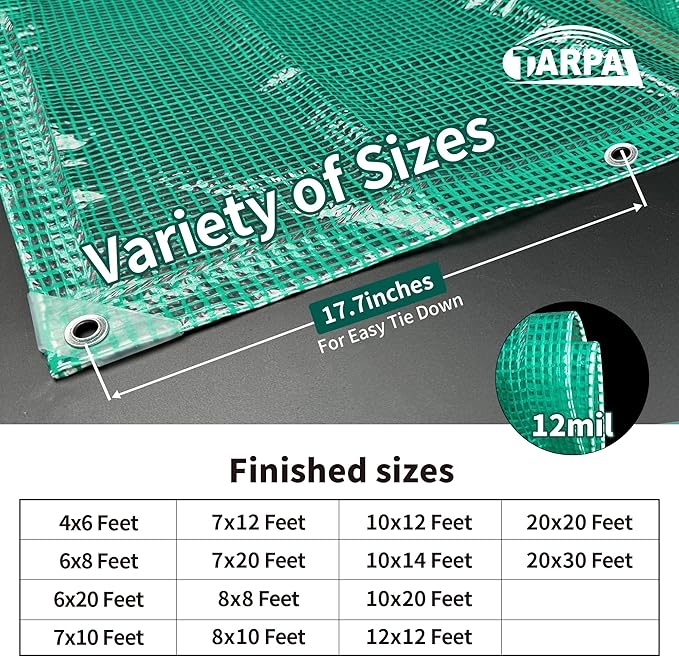 TARPAL 7'x12' Clear Green Tarp Heavy Duty Waterproof 12mil with Grommets or Zip Ties for Small Greenhouse for Outdoors Garden,Farm,Chicken Coops