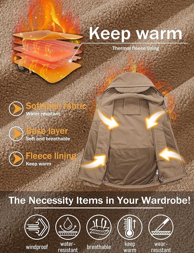 MAGCOMSEN Men's Tactical Jacket 7 Pockets Performance Fleece Lined Water Resistant Ski Snow Soft Shell Winter Coats
