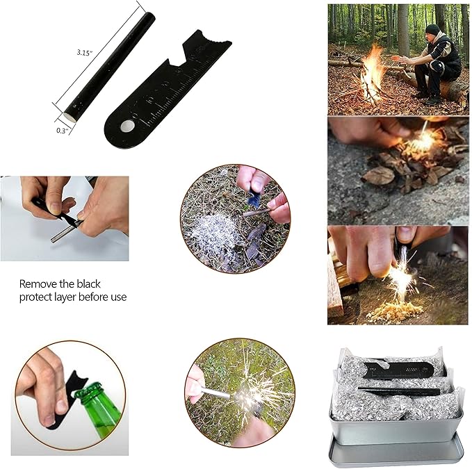 Survival Fire Starter Kit β 6 Bags Magnesium Shavings, 3.15" Ferro Rod, Wax Rope, Emergency Blanket, 14-in-1 Multi Tool Card, Wire Saw, Outdoor Camping Hiking Gear with Waist Bag