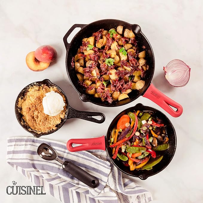 Cuisinel Cast Iron Skillet Set - 3-Piece: 6" + 8" + 10"-Inch Chef Frying Pans - Pre-Seasoned Oven Safe Cookware + 3 Heat-Resistant Handle Covers - Indoor/Outdoor Use - Grill, Stovetop, BBQ, Fire Safe