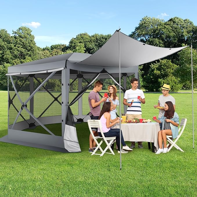 COBIZI 12x12 Pop up Gazebo Screen House Tent for Camping, Outdoor Canopy with Removable Roof&Sidewalls,Portable Hub Tent with Carrying Bag and Ground Stakes, Grey(Upgraded 2.0)