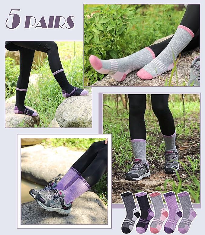 DYW Womens Merino Wool Hiking Socks Thermal Warm Winter Boot Crew Socks Cushion Work Walking Gift Socks 5 Pairs