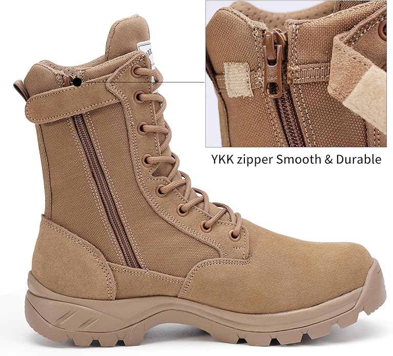 Men's Military Tactical Work Boots with Side Zipper, Puncture Resistant, Desert Combat, Army Jungle, 8 Inch Lightweight Hiking Boots