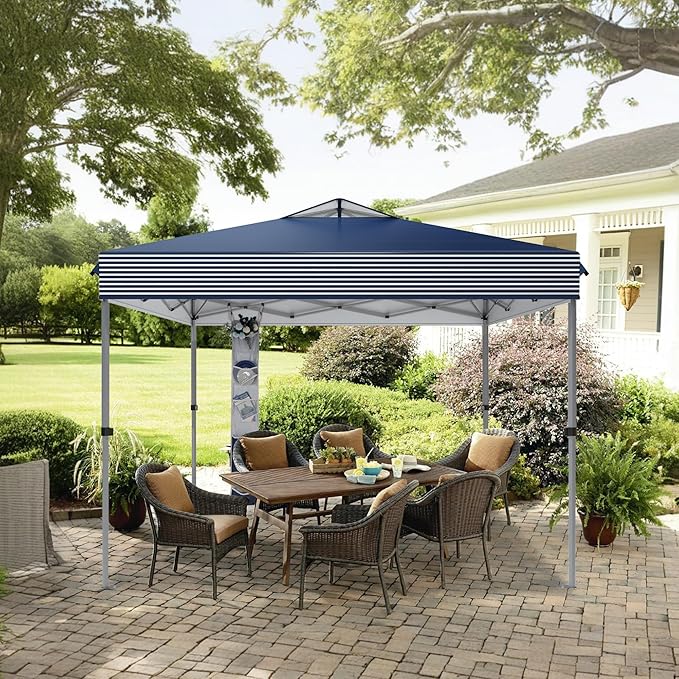 MFSTUDIO Pop Up Canopy Tent, 10x10 Outdoor Canopies One Push Setup Instant Portable Shelter Tens with Vented Top, Storage, 4 Sandbags, Beach Canopy, Blue White Stripe