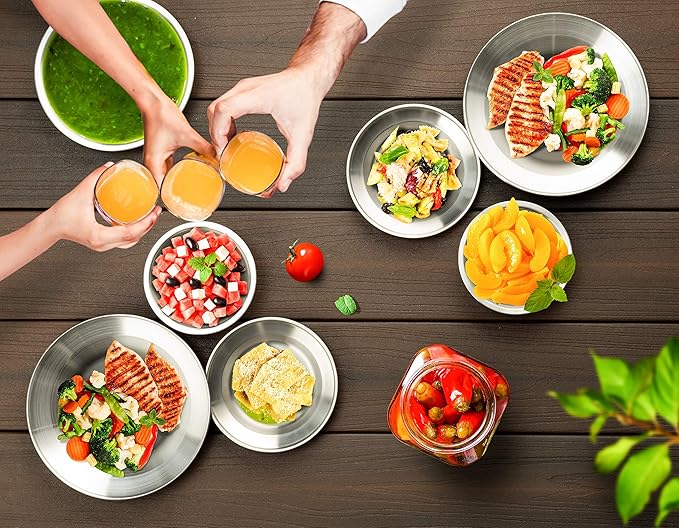 Wealers Stainless Steel Plates and Bowls Camping Set Small and Large Dinnerware for Kids, Adults, Family | Camping, Hiking, Beach, Outdoor Use | Incl. Travel Bag (24 Piece Set)