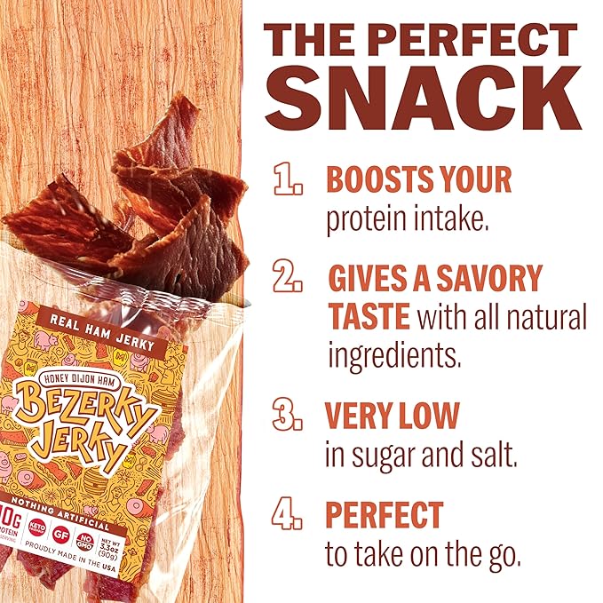 All Natural Real Ham Jerky | Honey Dijon | Small Batch Handcrafted | Old Fashioned | Low Fat High Protein Ham Meat | Gluten-Free | Non-GMO | No Nitrates | Healthy American Bezerky Jerky | 3 Packs