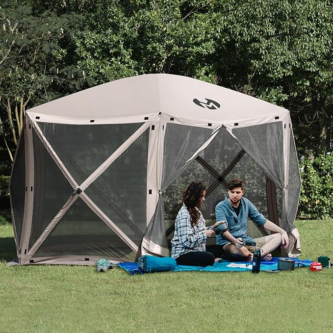 Exacme Portable Gazebo Pop up Tent for Camping, Outdoor Four Sides Pop-up Clam Screen Tent with Canopy Shelter, 1024 (6PC, Light Brown)