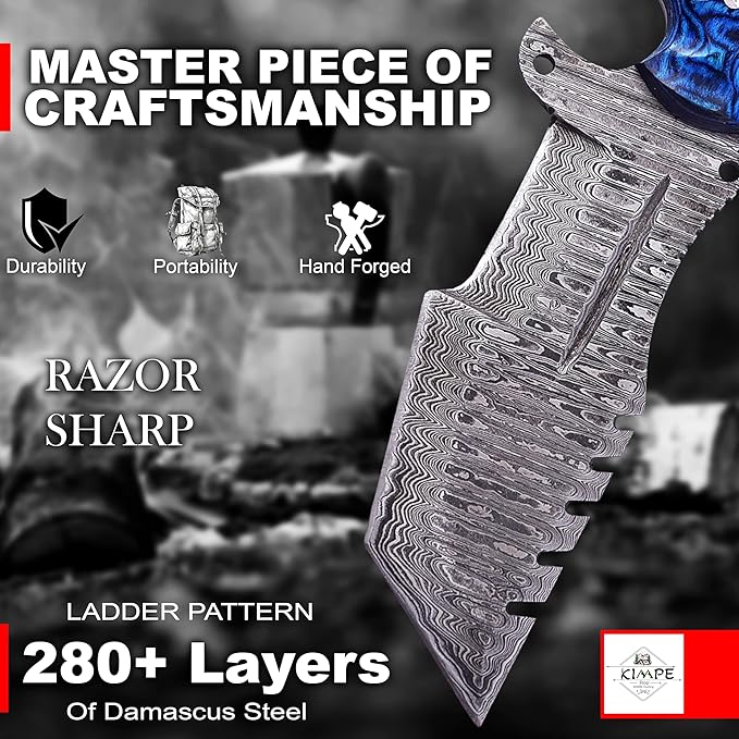 KIMPE 10.5’’ Damascus Hunting Knife with Leather Sheath-Fixed Blade EDC Knife-Bushcraft Knives-Wood Handle-Best Camping & Survival Knives-Knives for Men. (Pakka-Blue)