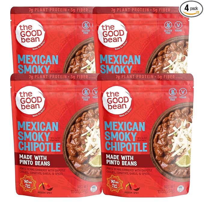 The Good Bean Heat and Eat Pouch - Mexican Smoky Chipotle - (4 Pack) 10 oz Pouch - Simmered Pinto Beans with Chipotle Chilies - Pre-Cooked Beans with Good Source of Plant Protein and Fiber