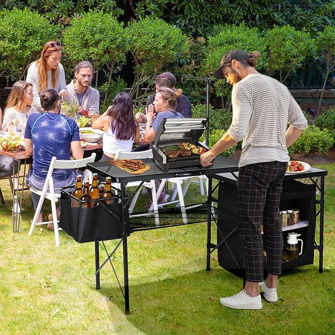 Nice C Camping Kitchen Table, Portable Folding Camp Cook Station, Storage Organizer, with Light Poles, Storage, Side Bag, Side Hooks, for Outdoor, Picnic, Beach, RV Traveling (Black)