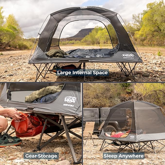 Kakadu Camping Tent Cot, 2 Person, Quick Setup, Folding, Compact, Elevated Tent with BlockOut Rain Fly, Awning Poles, Ultra-Fine Mesh Windows, and Carry Bag
