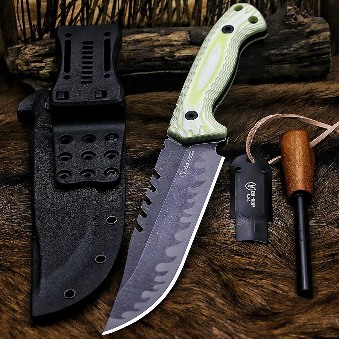 BA-KOR 12.4in Full Tang Fixed Blade Hunting Knife โ 6mm 9CR18MoV Steel, G10 Handle, Stonewashed Sawback Blade with Kydex Sheath & Fire Starter for Outdoor, Camping, Survival (White with light green stripes)