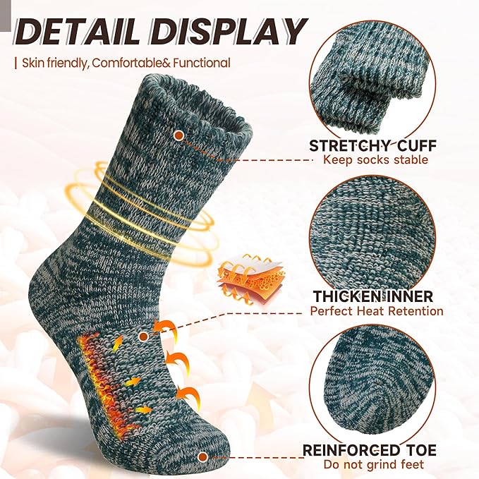 Eyean Merino Wool Socks Thermal Winter Ski Warm Thick Cozy Boot Hiking Socks for Women Men 3 Pairs