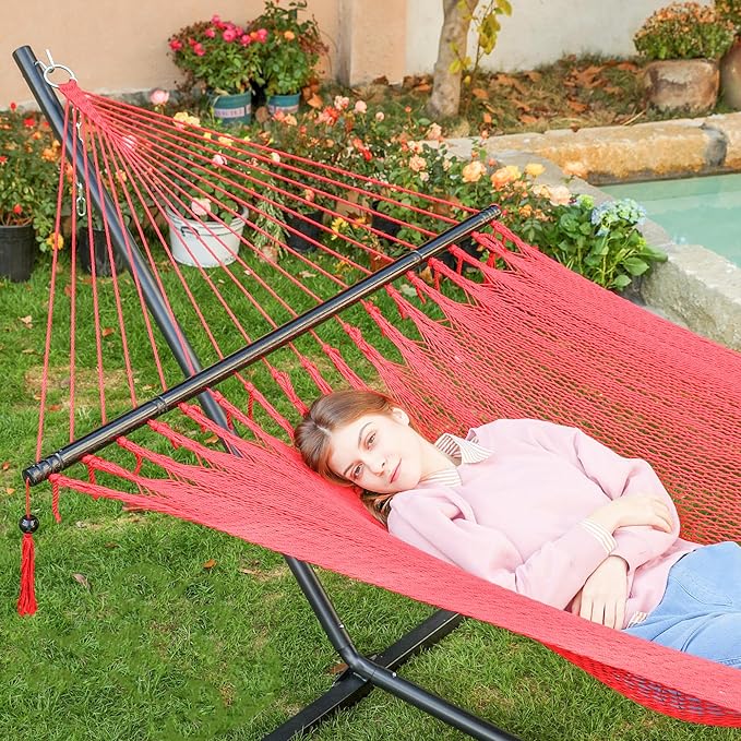 PNAEUT Soft-Spun Polyester Rope Double Hammocks with Stand for Outside, 2 Person Heavy Duty Steel Stand, Max 475 lbs Capacity (Ruby, with Stand)