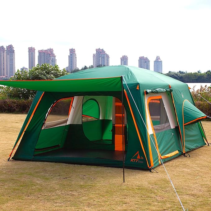 KTT Extra Large Tent 6-10-12-14 Person(A),Family Cabin Tents,2 Rooms,3 Doors and 3 Windows with Mesh,Straight Wall,Waterproof,Double Layer,Big Tent for Outdoor,Picnic,Camping,Family Gathering