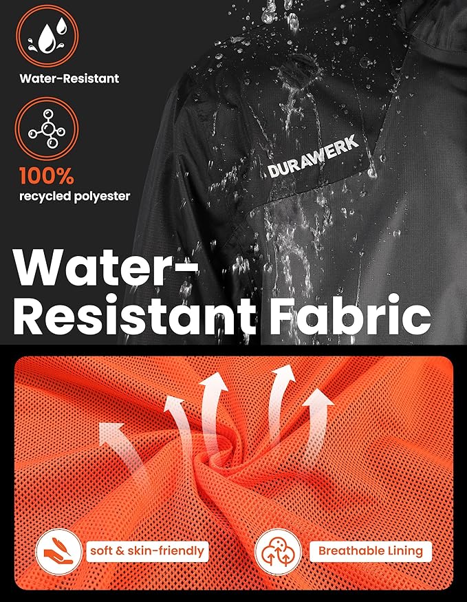 DURAWERK Water Resistant Jackets for Men Lightweight Windbreaker Jacket Hooded Mens Rain Jacket & Work Jackets for Men