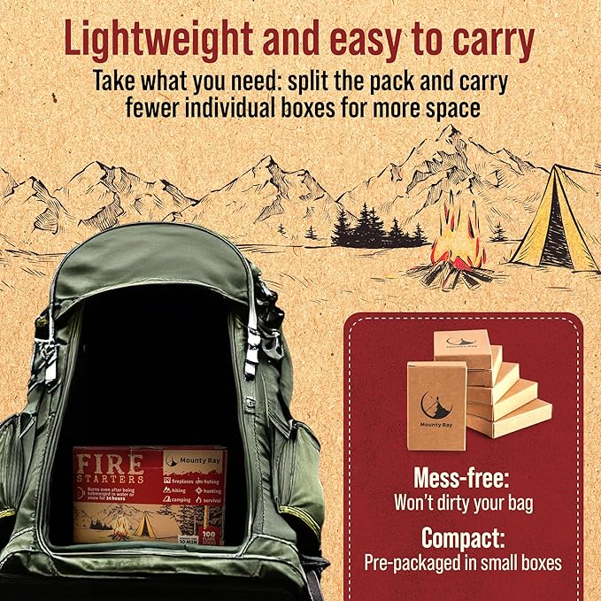 100 pcs Fire Starters for Campfires - Natural Fire Starters Sticks - Water Resistant & Odorless - All-Weather Charcoal Starter - for Indoor and Outdoor Use