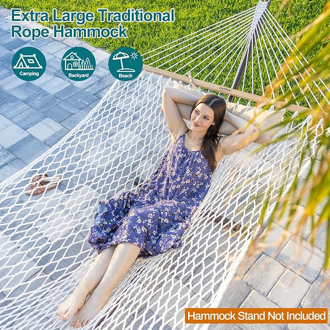 JoyView Traditional Rope Double Hammock - Hand Woven Cotton Hammock with Hardwood Spreader Bar and Pillow 450lb Capacity for Outdoor Indoor Patio Yard - Black