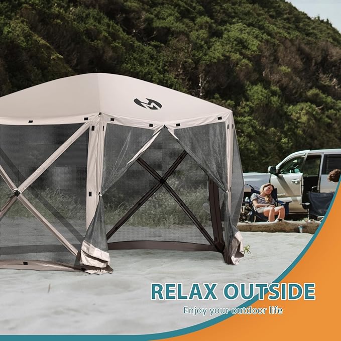 Exacme Portable Gazebo Pop up Tent for Camping, Outdoor Four Sides Pop-up Clam Screen Tent with Canopy Shelter, 1024 (6PC, Light Brown)
