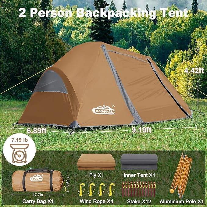 1-2 Person Backpacking Tent, Waterproof Windproof Two Person Tents for Camping & Hiking Double Doors Easy Setup UPF 50+ with 1 Vestibule