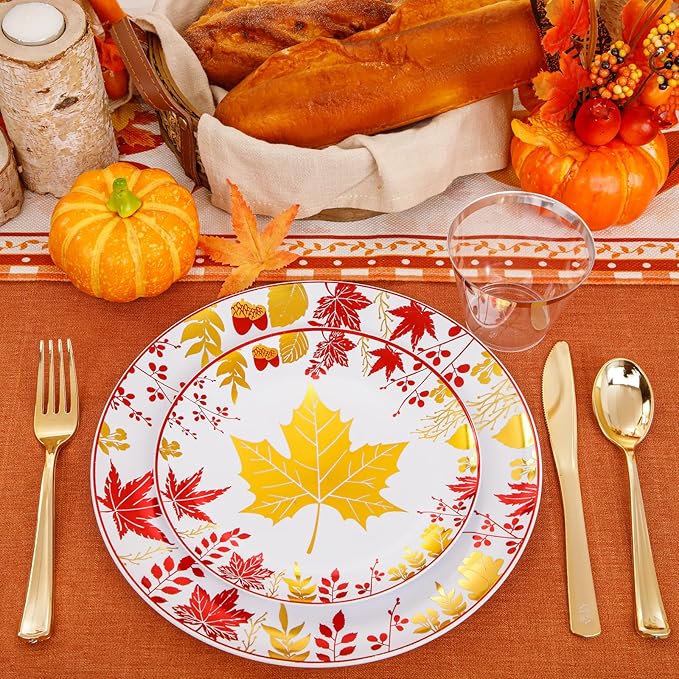 KIRE 150PCS Thanksgiving Plates Dinnerware Maple Leaves - Plastic Thanksgiving Plates with Gold Silverware Include 25Dinner 25Salad 25Forks 25Knives 25Spoons 25Gold Cups