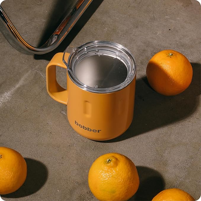 BOBBER 10 oz Insulated Coffee Mug with Wide Handle & Lid – Double Walled Stainless Steel Travel Tumbler for Women, Wife – Triple Walled Coffee Cup for Hot & Cold Drinks (Orange)