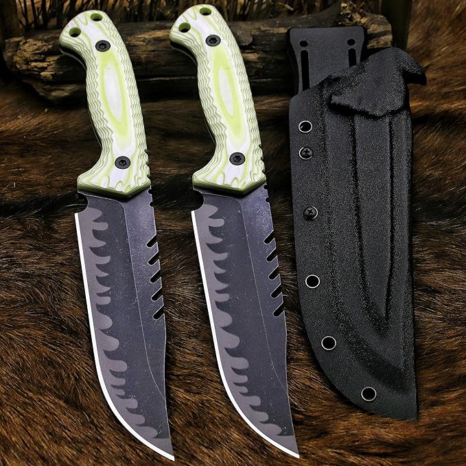 BA-KOR 12.4in Full Tang Fixed Blade Hunting Knife โ 6mm 9CR18MoV Steel, G10 Handle, Stonewashed Sawback Blade with Kydex Sheath & Fire Starter for Outdoor, Camping, Survival (White with light green stripes)