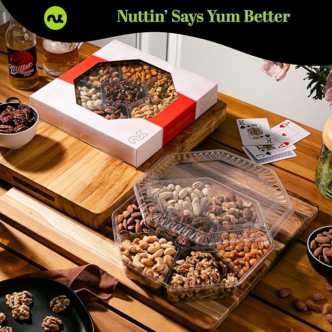 NUT CRAVINGS - Diwali Sweets Hamper Mixed Nuts Gift Basket in Red Gold Box (7 Assortments, 1 LB) Food Arrangement, Healthy Snack Care Package, Food Assortments