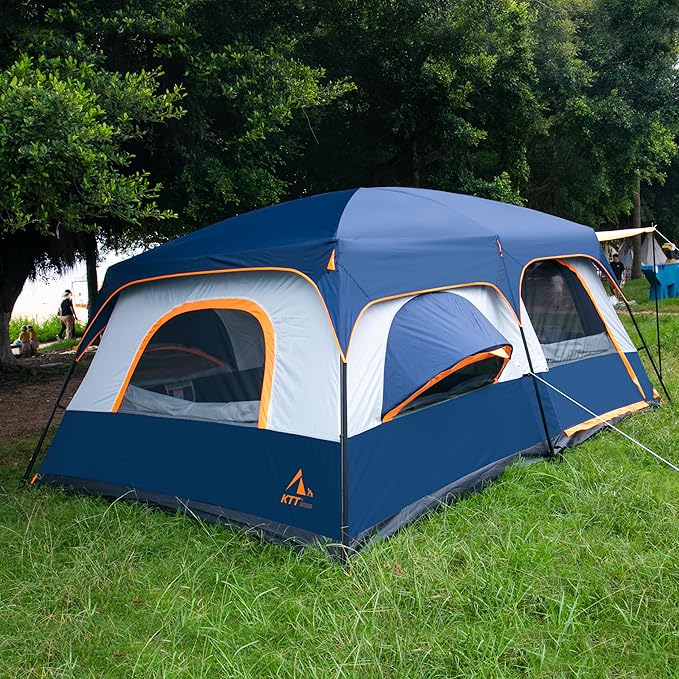 KTT Extra Large Tent 6-10-12-14 Person(A),Family Cabin Tents,2 Rooms,3 Doors and 3 Windows with Mesh,Straight Wall,Waterproof,Double Layer,Big Tent for Outdoor,Picnic,Camping,Family Gathering