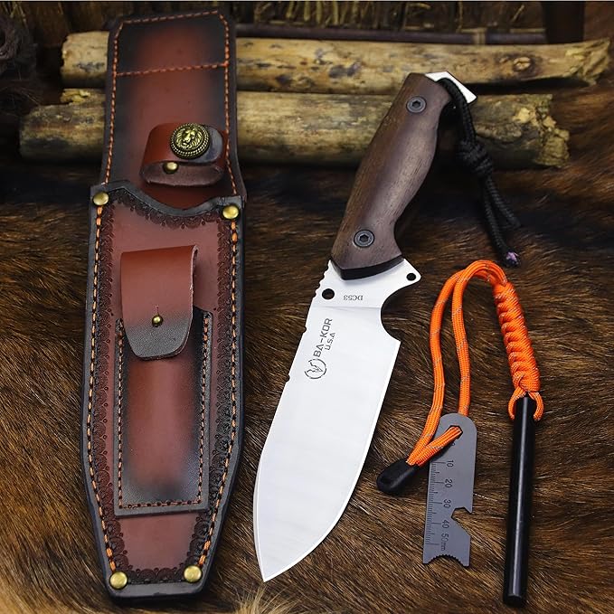 BA-KOR U.S.A 11 "DC53 Steel Hunting Knife & Sheath +4" Flint Fire Starter, Acidwood handle Jungle Survival Knife, Camping EDC tool knife