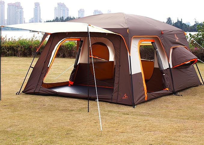 KTT Extra Large Tent 6-10-12-14 Person(A),Family Cabin Tents,2 Rooms,3 Doors and 3 Windows with Mesh,Straight Wall,Waterproof,Double Layer,Big Tent for Outdoor,Picnic,Camping,Family Gathering