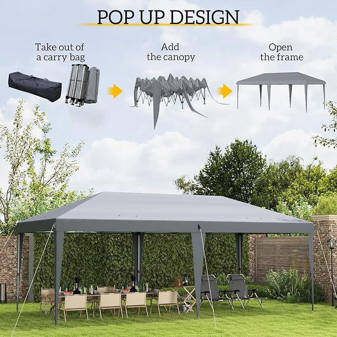 Outsunny 10' x 20' Pop Up Canopy Tent, Upgraded Heavy Duty Tents for Parties, Outdoor Instant Gazebo Sun Shade Shelter with Carry Bag, for Catering, Events, Wedding, Backyard BBQ, Gray