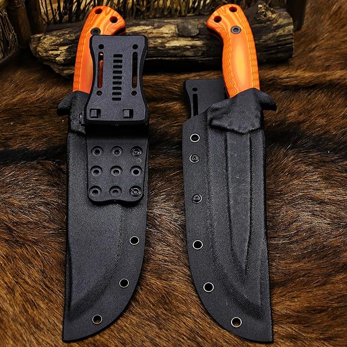 BA-KOR 12.4in Full Tang Fixed Blade Hunting Knife โ 6mm 9CR18MoV Steel, G10 Handle, Stonewashed Sawback Blade with Kydex Sheath & Fire Starter for Outdoor, Camping, Survival (Orange with light yellow stripes)