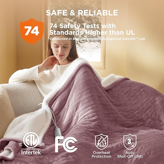 Bedsure Heated Blanket Throw Blanket - Fast Heating Electric Blanket, Soft Flannel Heated Throw with 4 Time Settings, 6 Heating Settings, Warm Gifts for Grandma (50x60 inches, Woodrose)