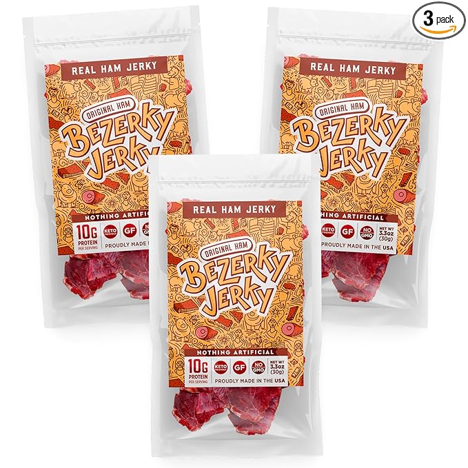 All Natural Jerky | Old Recipe Ham | Small Batch Handcrafted | Keto Food | High Protein Snacks | Made in the USA | Gluten-Free | Non-GMO | Low Carbs | Bezerky Jerky | 3.3 Oz (Pack of 3)