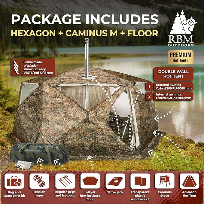 Rbm Outdoors Hot Tent with Stove Jack, Easy Setup 4 Season Winter Tents for Camping, Cold Weather Wall Double Layer Waterproof & Windproof Shelter