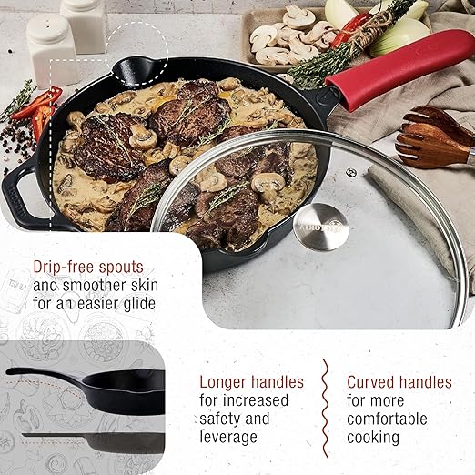 Victoria 12-Inch Cast Iron Skillet Set with Tempered Glass Lid, Large Handle Cover, and Pan Scraper