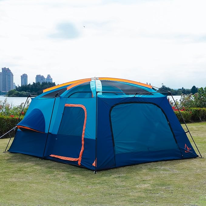 KTT Extra Large Tent 10-12-14 Person(B),Family Cabin Tents,2 Rooms,3 Doors and 3 Windows with Mesh,Straight Wall,Waterproof,Double Layer,Big Tent for Outdoor,Picnic,Camping,Family Gathering