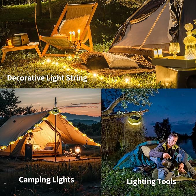 Solar Camping String Lights, 33FT 100LED Quick Storage Rechargeable Tent Lights with 9 Lighting Modes, Portable Camping Fairy Lights Waterproof for Outdoor Patio Garden Party Decorations