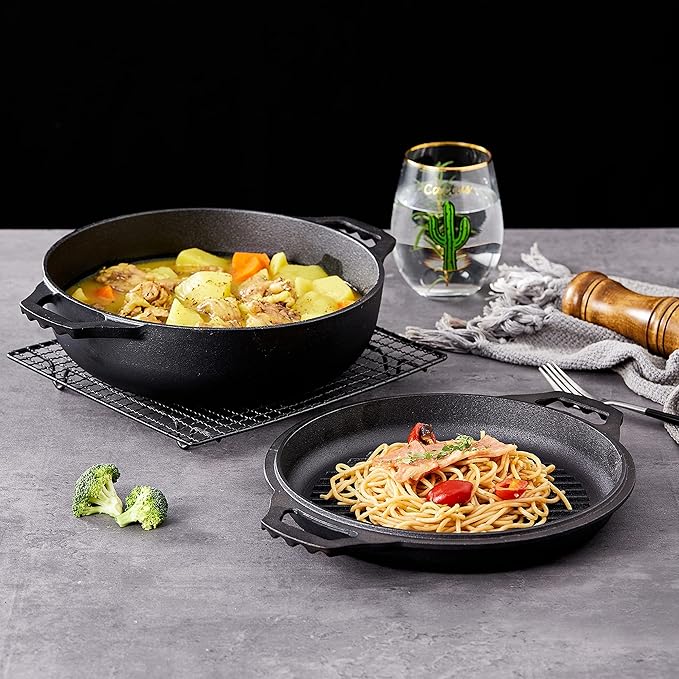 Bruntmor 2-in-1 Pre-Seasoned Cast Iron Dutch Oven with Dual Handles, Cocotte Double Braiser Pan with Grill Lid 3.3 Quarts - BBQ Grill, Fryer - Outdoor Cookware Set with Dual Handles, Camping,- Black