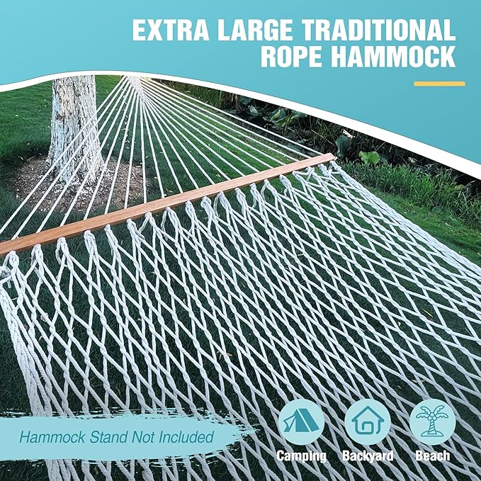 RedSwing Double Hammock for 2 Person,Rope Hammocks for Outside with Wooden Spreader Bars, Includes S-Hooks and Hanging Chains,Capacity 450 lbs