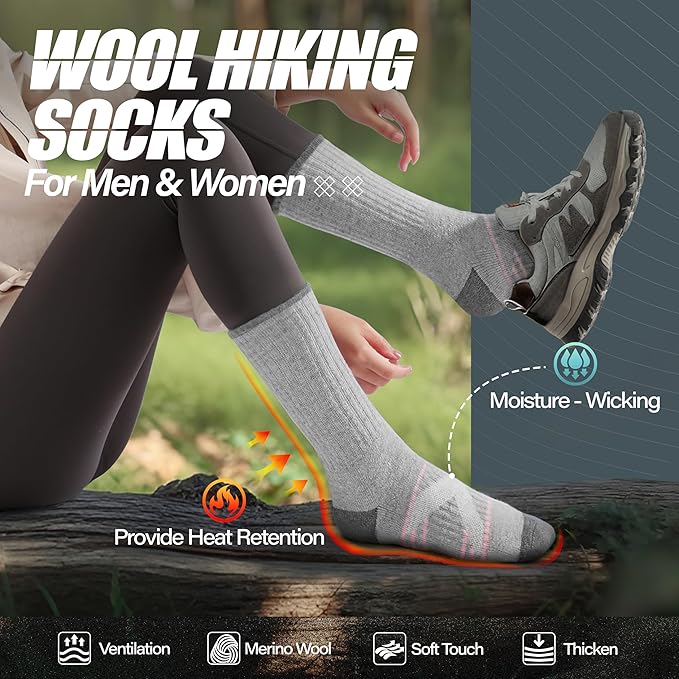 ANTSANG 5 Pairs Merino Wool Hiking Socks for Men & Women Thermal Winter Warm Moisture Wicking Cushion Boot Socks