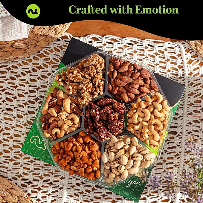 NUT CRAVINGS - Diwali Sweets Hamper Mixed Nuts Gift Basket in Green Gold Box (7 Assortments, 1 LB) Food Arrangement, Healthy Snack Care Package, Food Assortments
