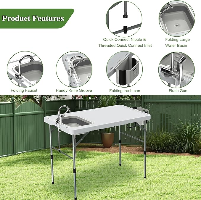 Foldable Fish Cleaning Table, Portable Camping Table with Sink & Measurement Markers with Faucet & Spray Gun for Camping, Patio, Kitchen, RV & Beach