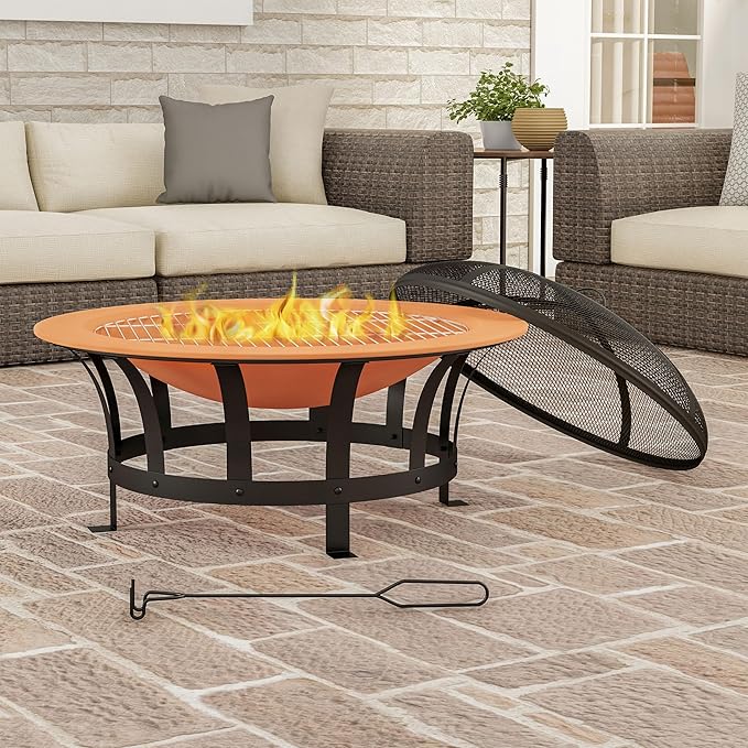 Pure Garden Outdoor Fire Pit - 30” Wood Burning Firepit with High-Temp Copper Finish, Screen, Poker, and Grate - Fire Pits & Outdoor Fireplaces