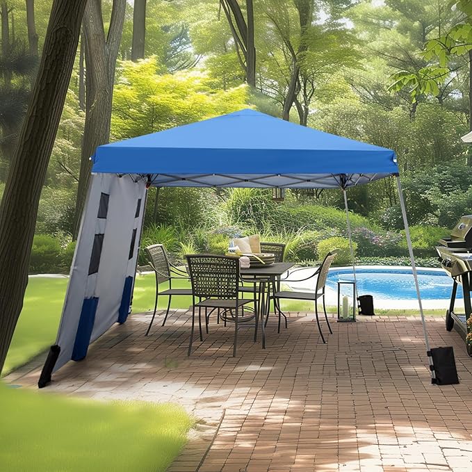 MFSTUDIO Pop Up Canopy Tent,12x12 ft Footprint and 9x9 ft at top Canopies with 1 Sidewall, Gazebo Shelter Sun Shade Waterproof Patio Popup Tents 4 Sandbag,Blue